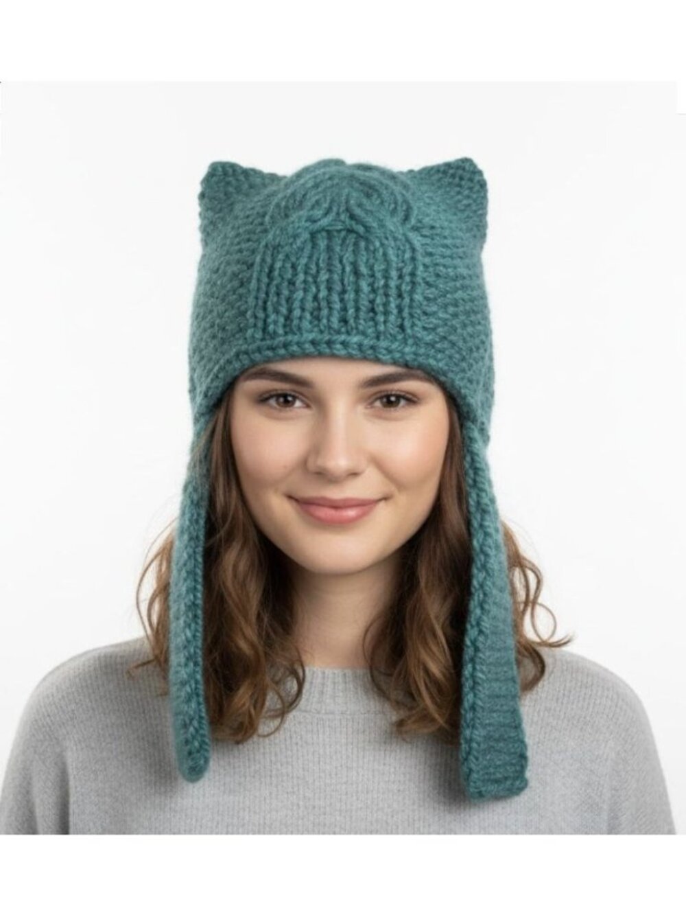 ⭐Womens Hand Knit Teal Blue Cat Ear Beanie Earflap Winter Warm Cable Knit Hat